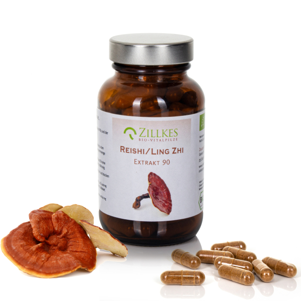 Bio Reishi Extrakt Packung mit Pilz und Kapseln